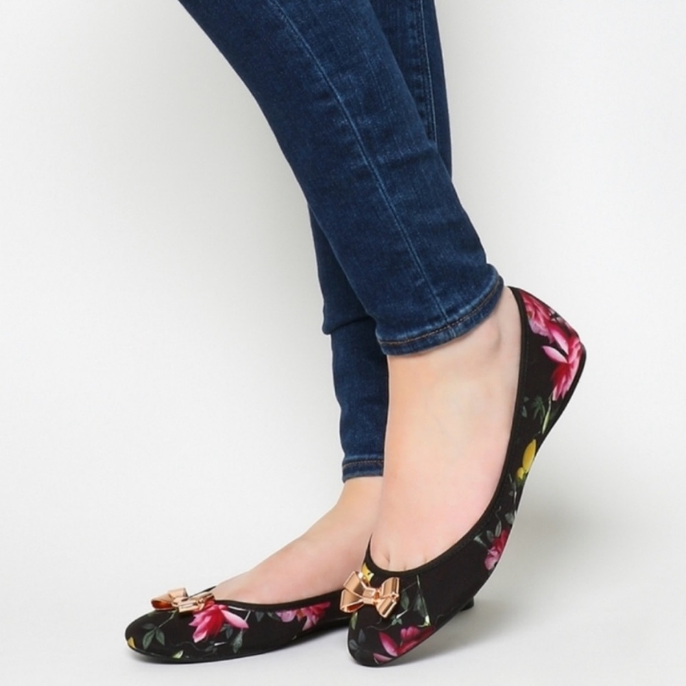 Ted Baker Black and Pink Floral Ballet Flats with Bow - Picture 1 of 9